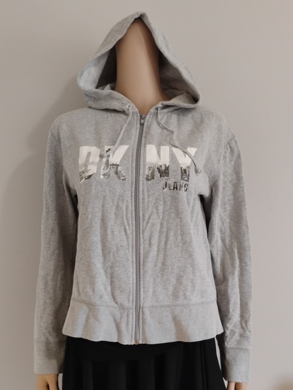 Vtg DKNY Jeans Heather Grey Full Zip Hoodie Sweatshirt Y2K Graphic Logo S
